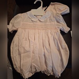 Petit Ami Smocked Baby Pink Romper With Collar And Bonnet.9months